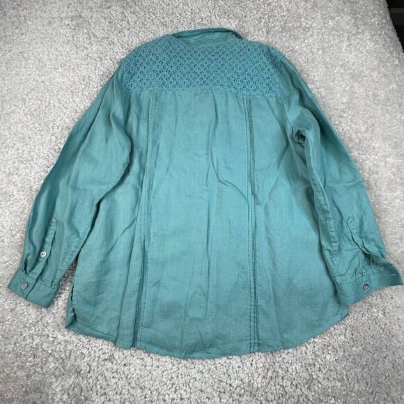 John Mark Crotchet Pocket Linen Button Up Shirt Blue Green - Picture 2 of 8